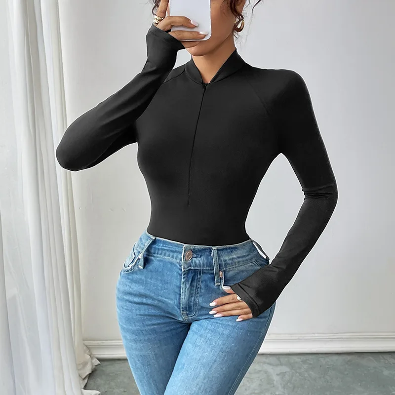 2025 Solid color zipper tight fitting women's sexy stand up collar autumn long sleeved fashionable slim basic winter black women