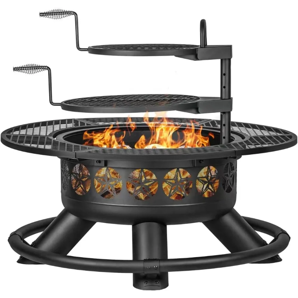 

47 Inch Outdoor Fire Pit with 2 Grills, Extra Large BBQ Firepits for Outside, Metal Round Fire pits with Lid&Fire Poker,3 in 1 W