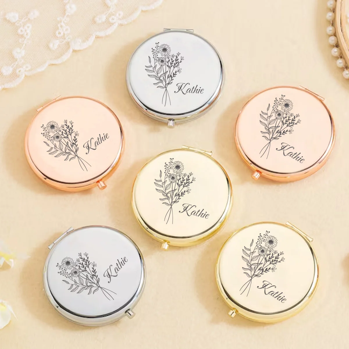 1pc Cartoon Delicate flowers Customized Name Pocket Mirror Makeup Mirror Round Circle Mirror Christening Souvenir
