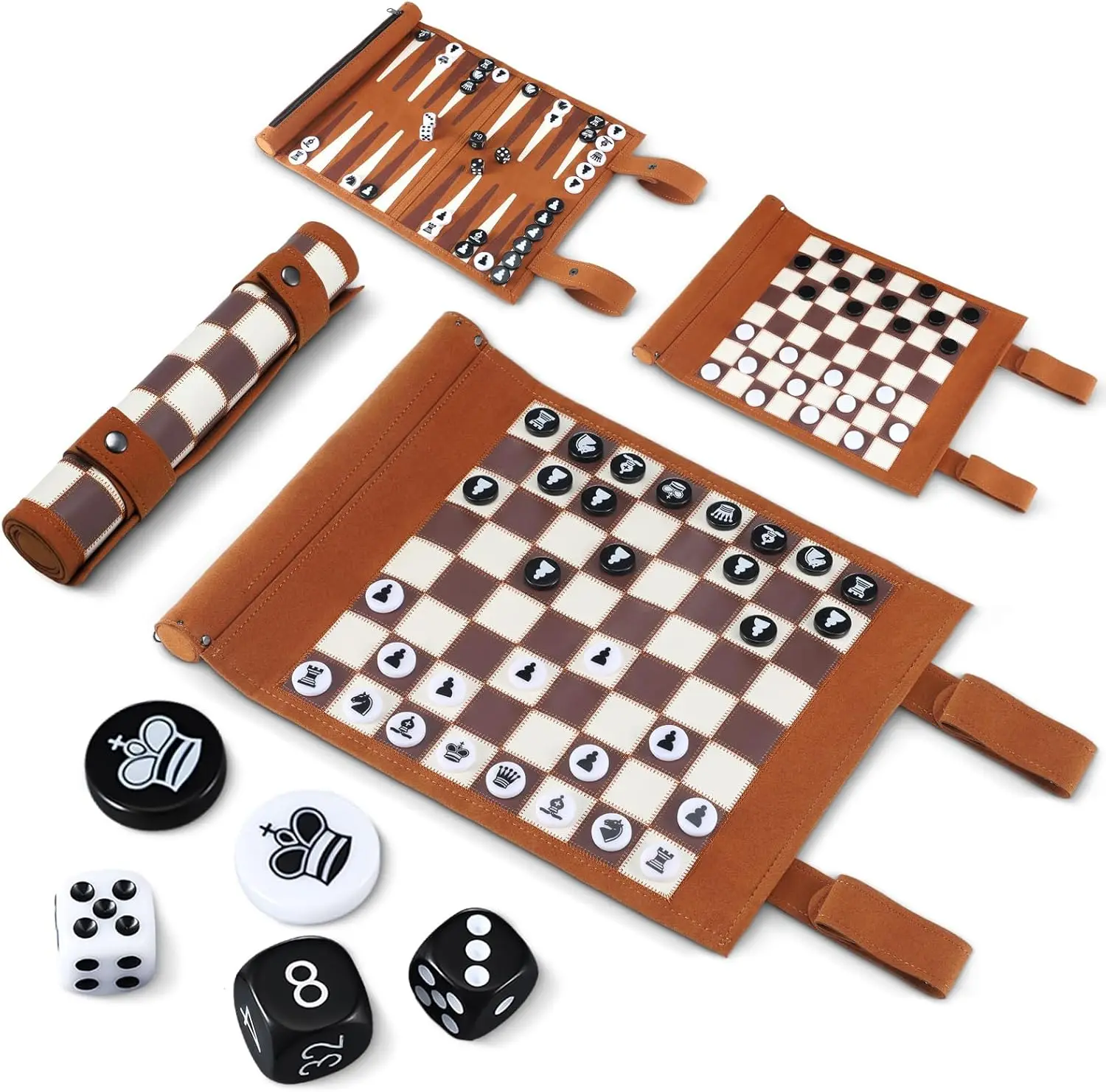 Set da backgammon arrotolabile 3 in 1 con 32 pezzi di legno, 5 dadi, tavolo da gioco portatile in pelle per adulti – 13,8x10 pollici