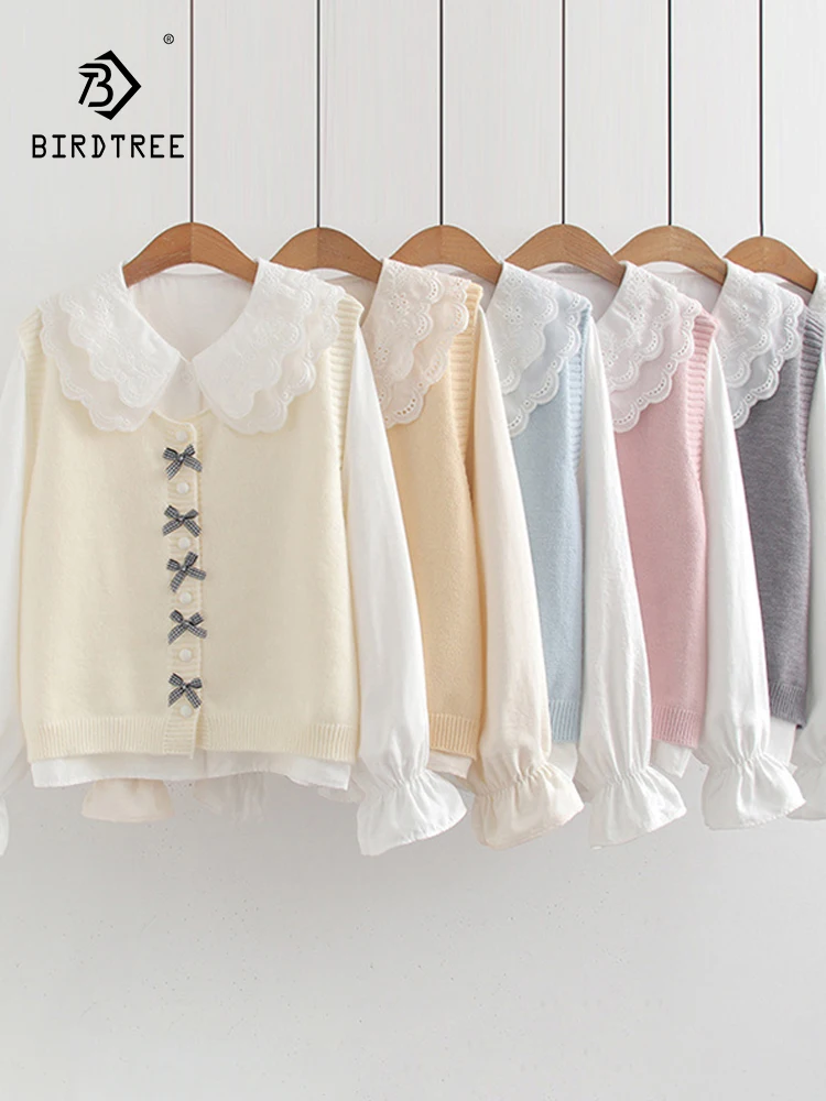 

New 2025 Spring Cotton Shirt Vest 2 Piece Set, Women Embroidery Bow, Mori Girl Japan Style Sweet Loose Cardigan Suit S52303CC