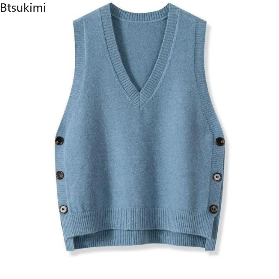 Woman Retro V-neck Sweaters Knitted Vest 2025 Autumn Winter Loose Sleeveless Knitwear Fashion Femme Winter Pullover Sweaters