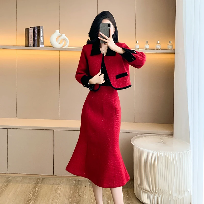 High Quality Women Autumn Winter Tweed Wool Red 2 Piece Set Fashion Vintage Short Coat Outwear+Casual Party Mermaid SKirts Sets