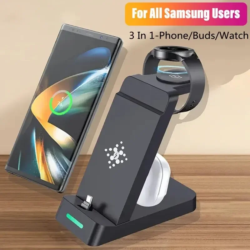 Stazione di ricarica 3 In 1 per Samsung S24 S23 S22 Note Z Fold supporto per caricabatterie Wireless veloce per Galaxy Watch 5 4 3 Activer 2/1 Buds