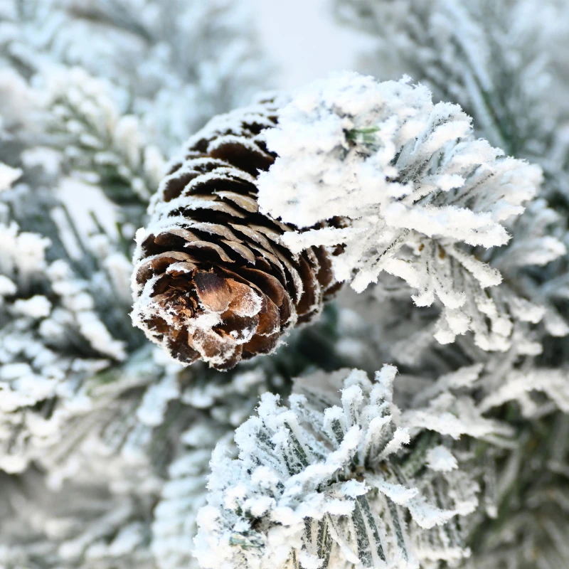 Árbol de Navidad flocado de 4,5 pies con base en maceta, 150 luces LED blancas cálidas, 720 puntas, ramas de PE+PVC con 19 conos de pino – Prel pequeño