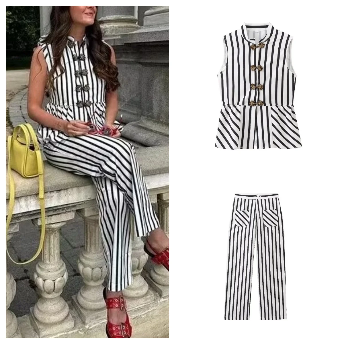 Fashionable hot-selling design suit single-breasted slim sleeveless striped slim shirt top women\'s fashionable high waist straig