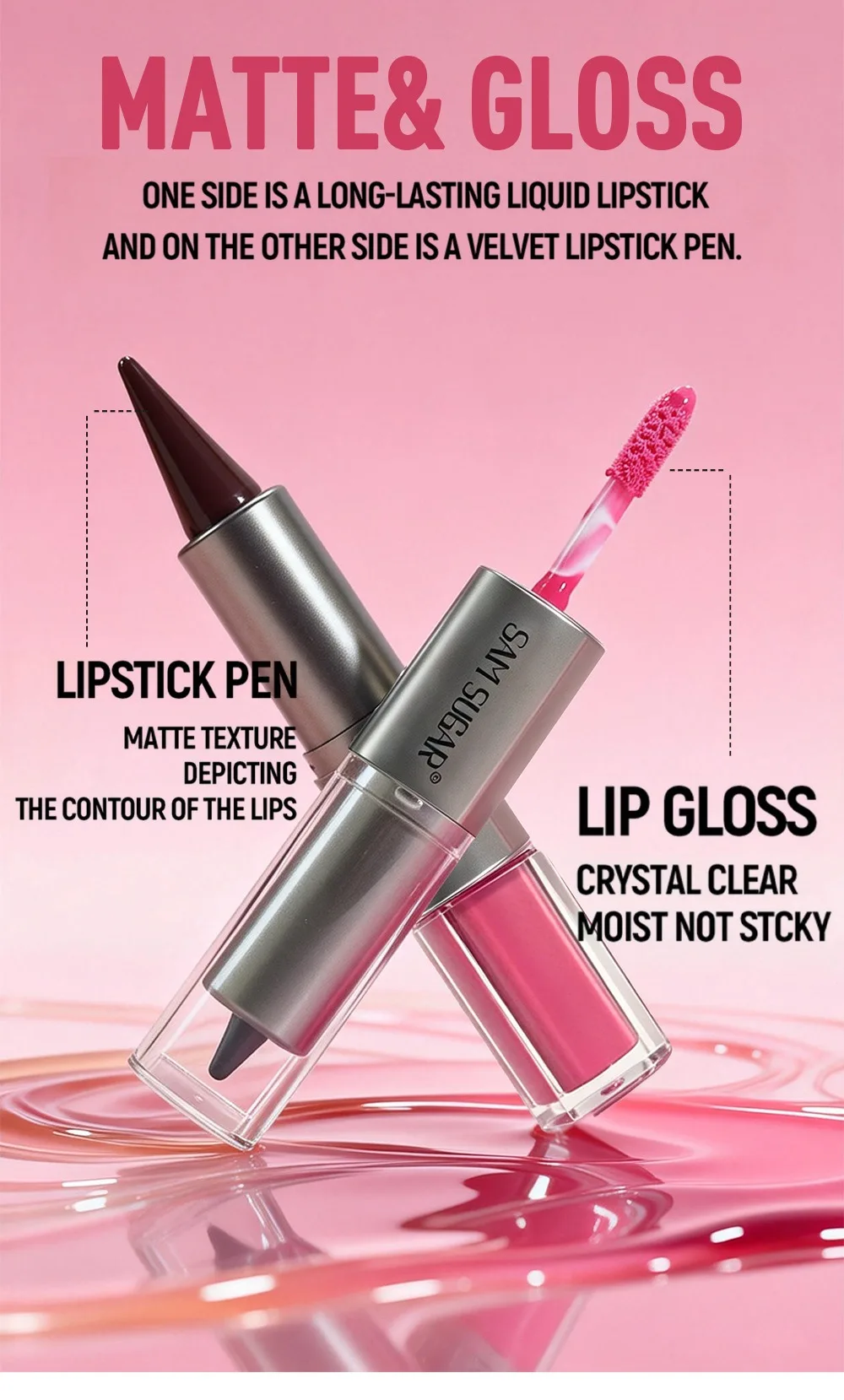 2-in-1 Lipliner & Lipgloss, Doppelseitiger Feuchtigkeitsspendender Nicht-Klebender Lippenstift, Matter Samt-Lipliner mit Glänzendem Aufpolsterndem Lipgloss – Detail 3