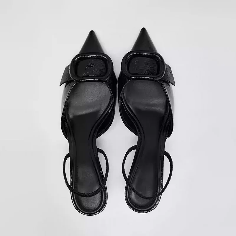 TRAF Ring Snake Scale Texture Pumps Black Women Point Head Open Toe Slingbacks Sandal New French Style Stilettos Shoes For Woman