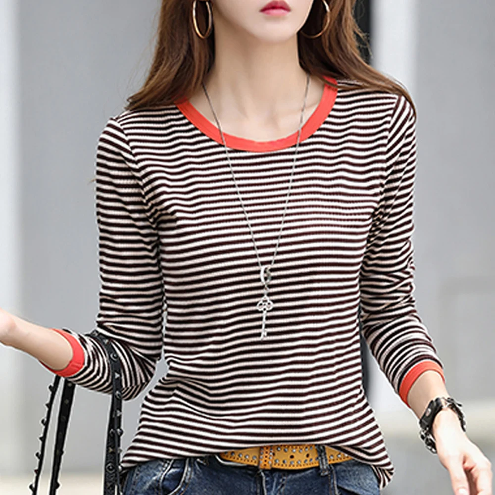 

Coffee striped long sleeved T-shirt for women in spring and autumn, new high-end cotton fashion plus size round neck casual top