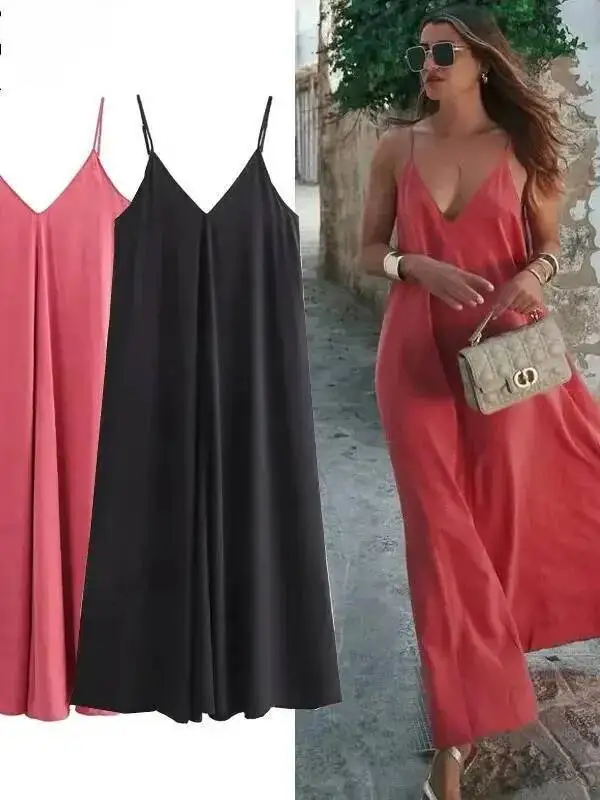 فستان نسائي صيفي فضفاض فساتين نسائية فضفاضة بدون أكمام وأشرطة رفيعة فساتين سوداء طويلة بدون ظهر فساتين عطلة الشاطئ E96H