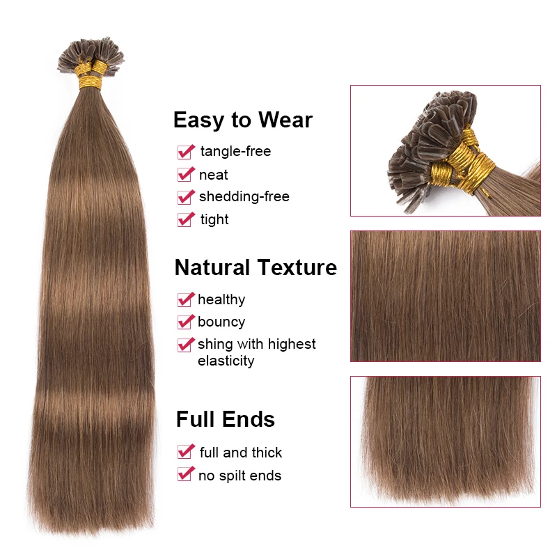 Extensions de cheveux naturels Remy lisses, 1.2cm, kératine, Capsule de liaison d'ongle, 1g/brin, 12-26 pouces