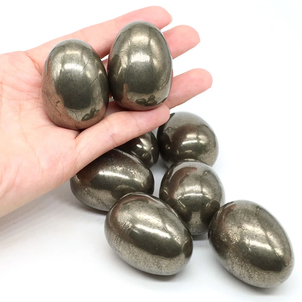 30x40mm Stone Egg Figurine Natural Pyrite Healing Crystal Easter Eggs Sphere Sculpture With Wood Stand Home Decor Gifts