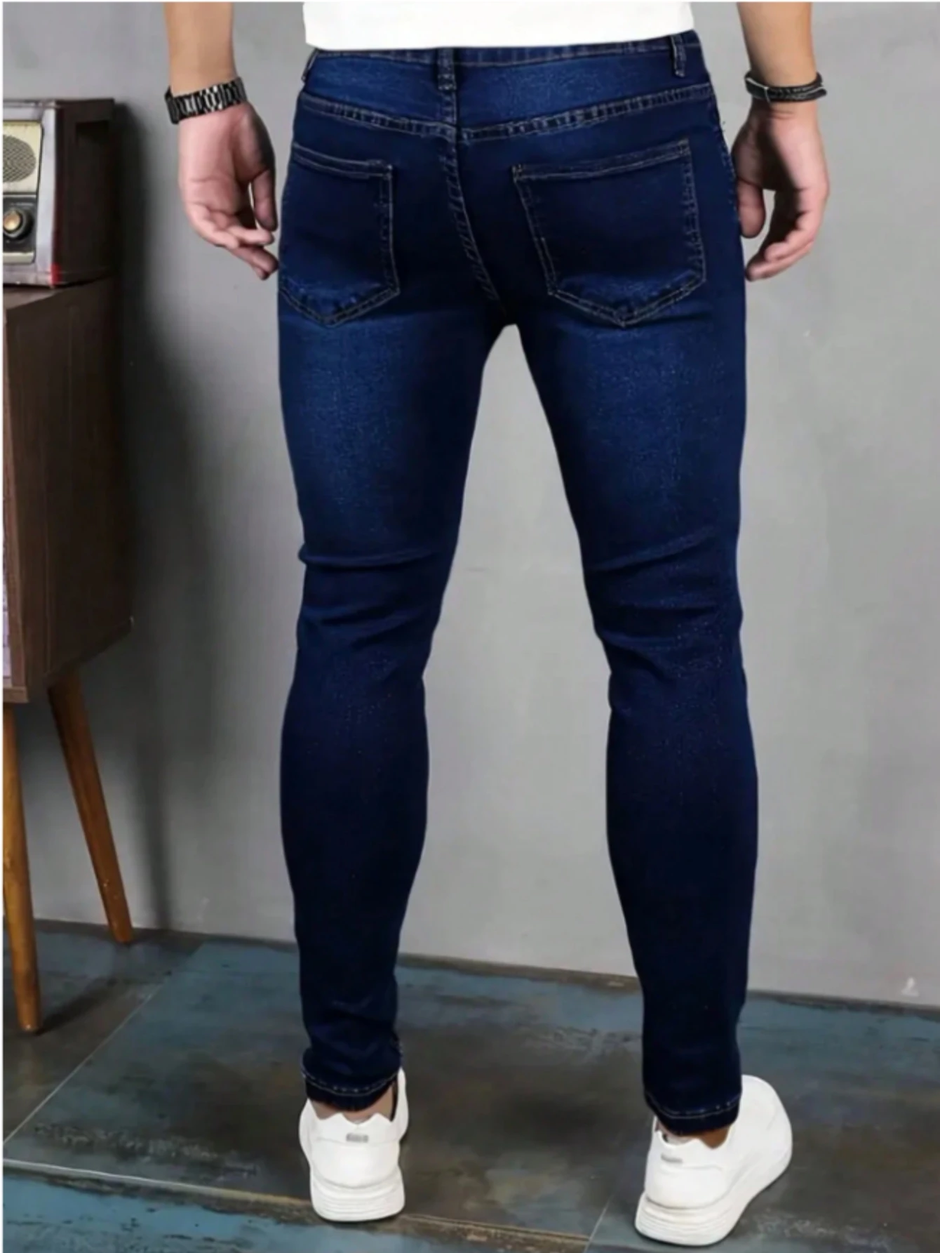 Men's Dark Blue Slim Fit Skinny Jeans, Stretch Washed Versatile Casual Denim Trousers for All Seasons