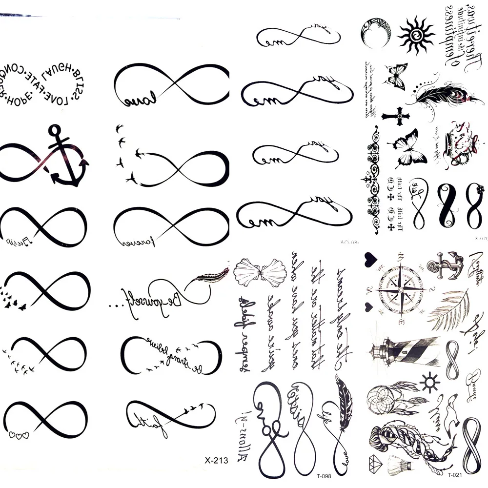 방수 블랙 인피니티 문신 깃털 새, 바디 핸드 아트 드로잉 임시 문신 스티커, 남성 손가락 문신, 작은 페이스트