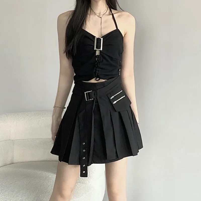 Women Skirts Sets Solid Color Tanks Tops + Irregular Splicing High-waisted Pleated Bustier Skirt Punk Short Two-piece Set Female