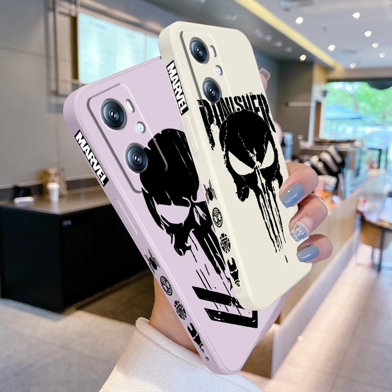 Luxury Marvel Punisher Logo Liquid Left Rope For OPPO Find X6 X5 X3 A98 A96 A94 A93 A77 A76 A74 A72 A57 A53 A16 5G Funda