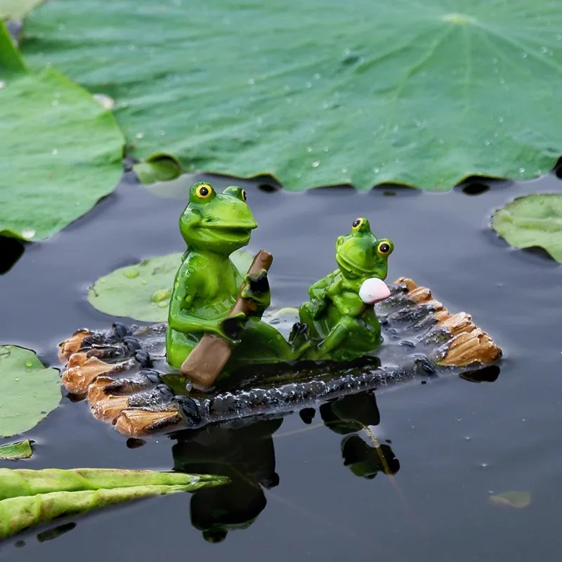 Estanque de peces de patio pequeño, simulación de animales, balsa de bambú, adornos de resina de rana, decoración de jardín, estanque de patio, pecera flotante