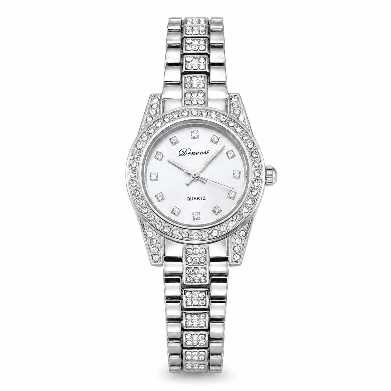 DENVOSI Women's Rhinestone Quartz Watch, Round Dial, Crystal Bezel, Silver Bracelet Band, Elegant Dress Wristwatch For Party And Daily Wear