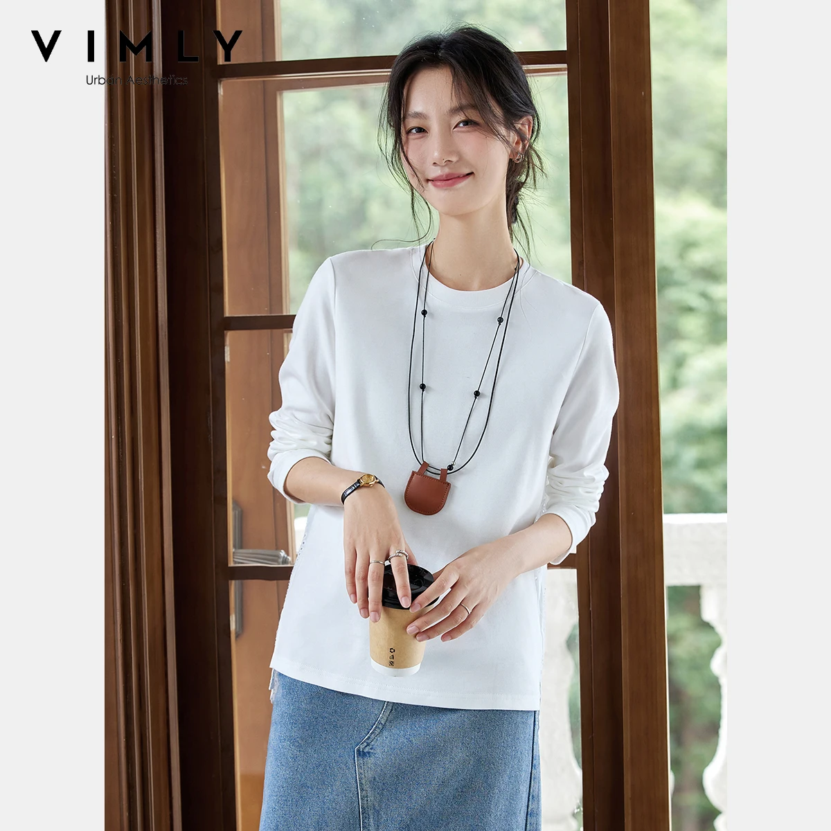 

VIMLY Cotton Woman White T-shirts Hollow Out Round Neck Casual Ladies Tees 2025 Autumn New Knitted Ladies Long Sleeve Tops A2107