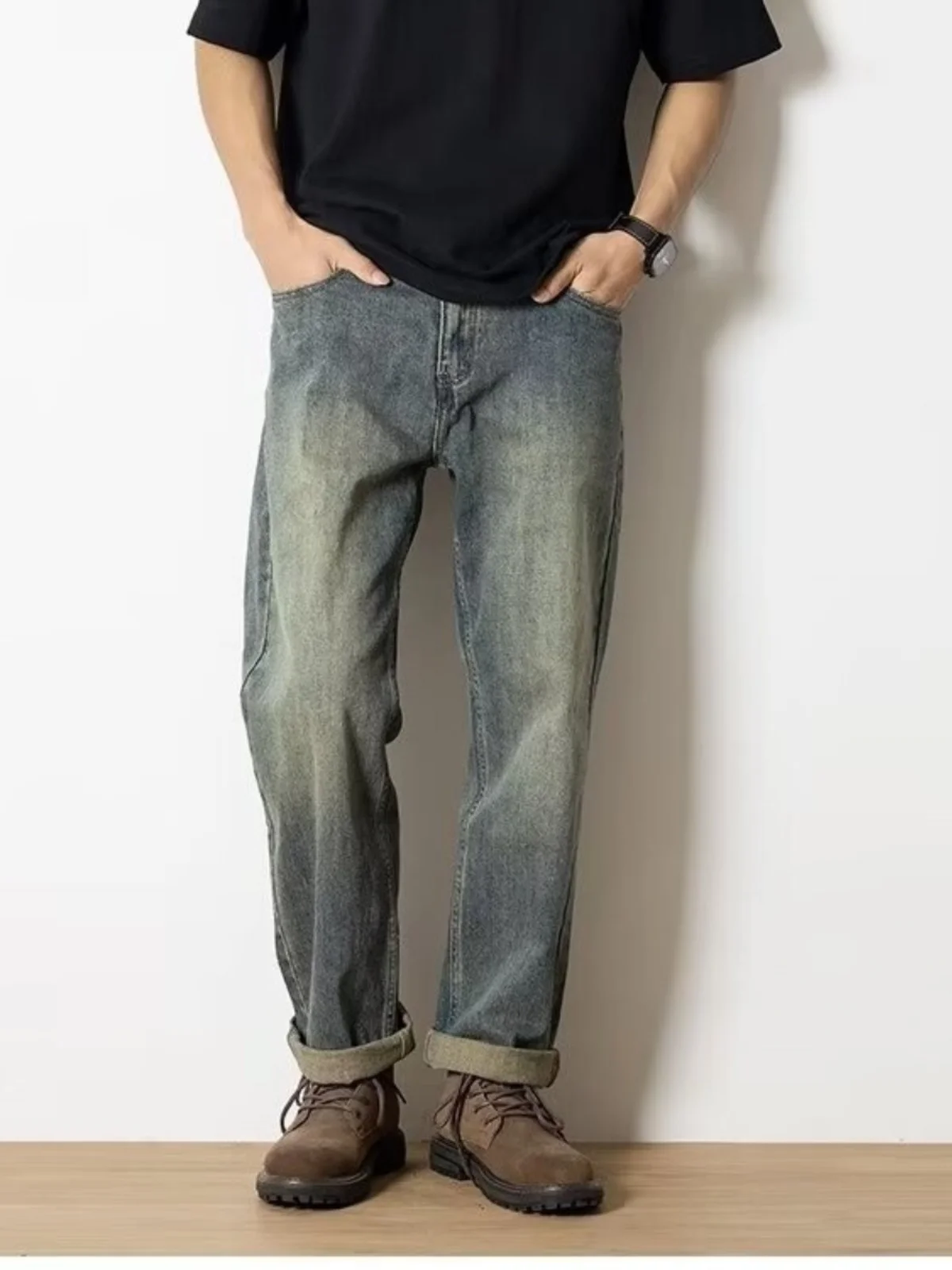 

American Sle Workwear Jeans Men's Loose Straight Casual Retro All-Match Long Pants Spring Autumn Trendy Straight Leg Jeans