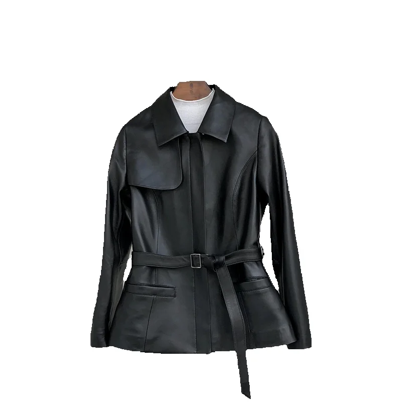 New Pull Genuine Leather Jacket For Women With Loose Lapels And Short Waistbands, Waist Cinching Sheepskin Slimming Jacket