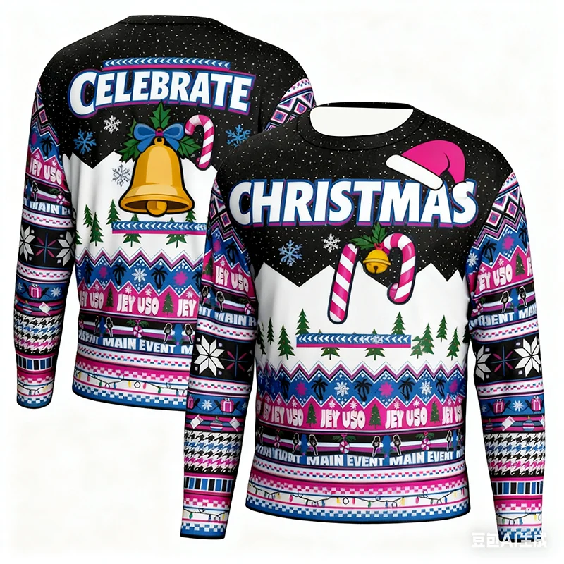 

Christmas-themed Quirky Long Sleeve T-Shirt, Exclusive 3D Print for Wrestling Fans, Eye-Catching Festive Trendy Top