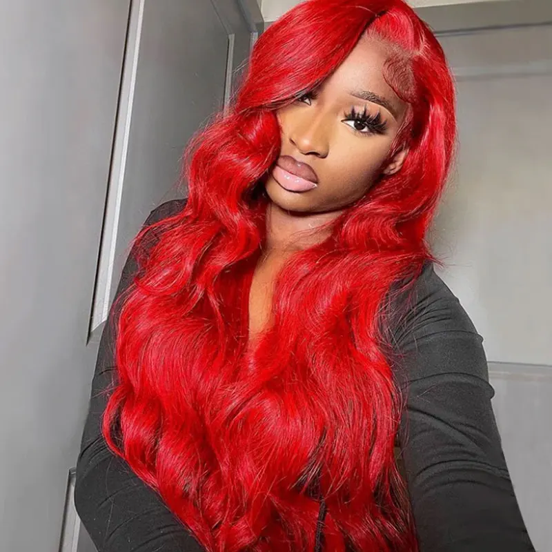 Bright Fire Red Body Wave Hair Synthetic Lace Front Wigs High Quality Heat Resistant Fiber Hair Natural Hairline For Black Women