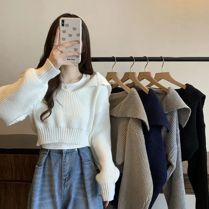 Long Sleeve Cropped Sweater Women Autumn Winter Turn Down Collar Knitted Jumper Woman Korean Style Solid Color Jerseys