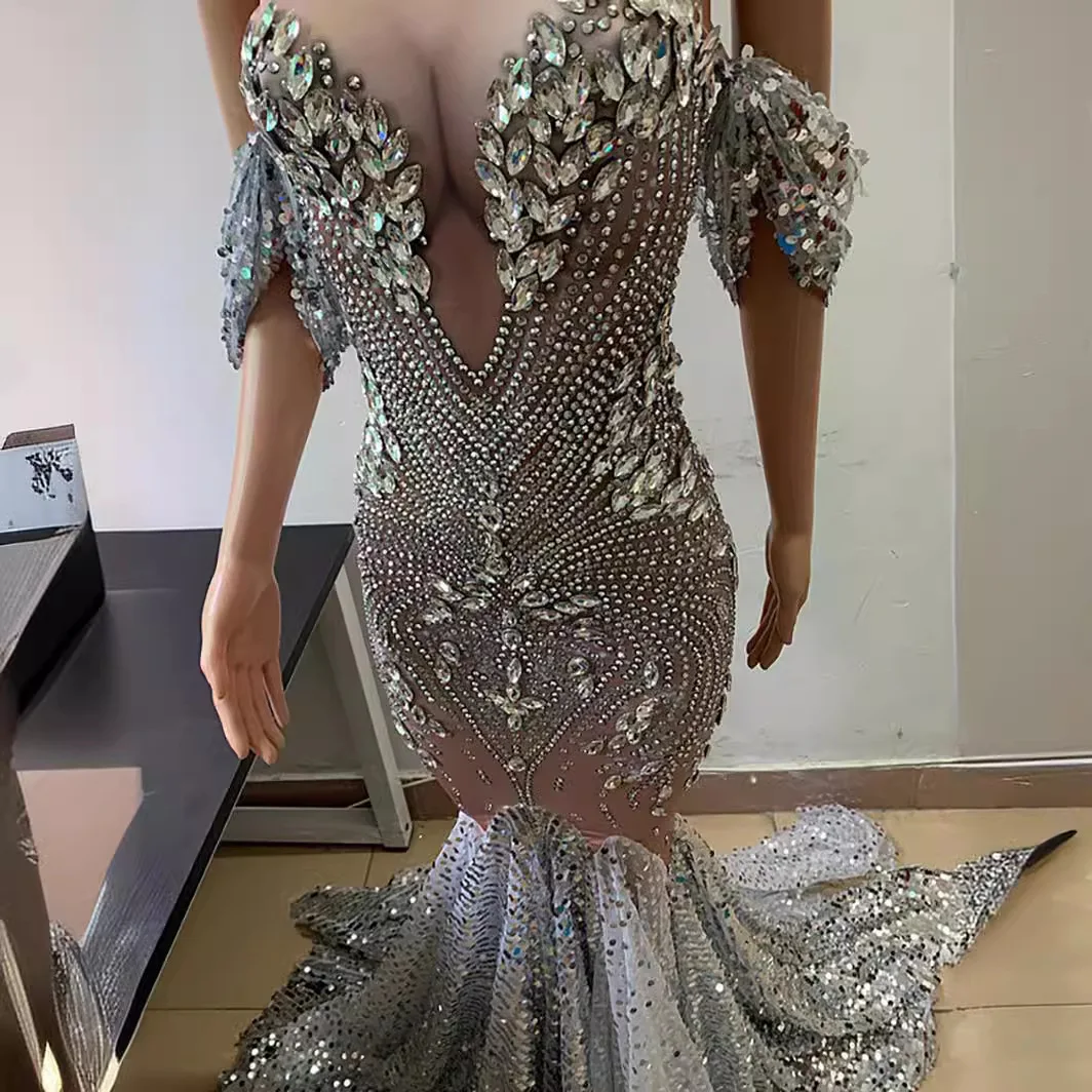 2025 Popular Bright Crystal Sequins Elegant Fishnet Dress, Off-the-shoulder Wedding Dress Women Dresses for Party and Wedding