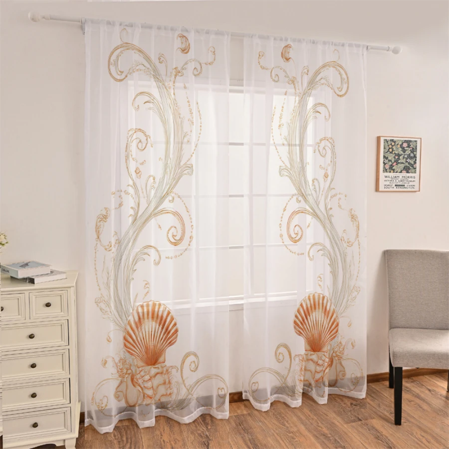 2PCS Digital Print Sheer Curtain, Golden Pattern Shell, Vintage Floral Window Curtains for Living Room Bedroom Home Decor