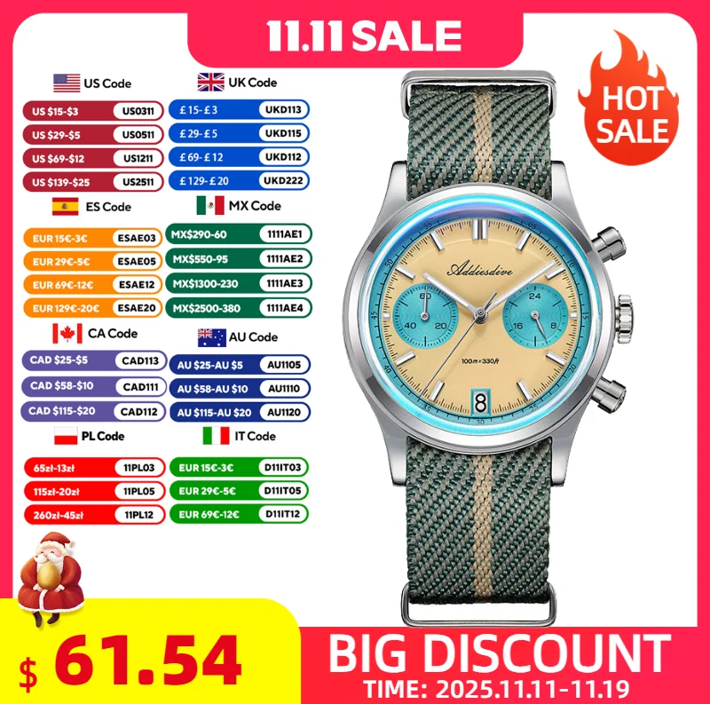 

ADDIESDIVE 38mm Chronograph Man Watch 100m Waterproof Bubble Glass Luminous 316L Stainless Steel Fashion Quartz Watches Male