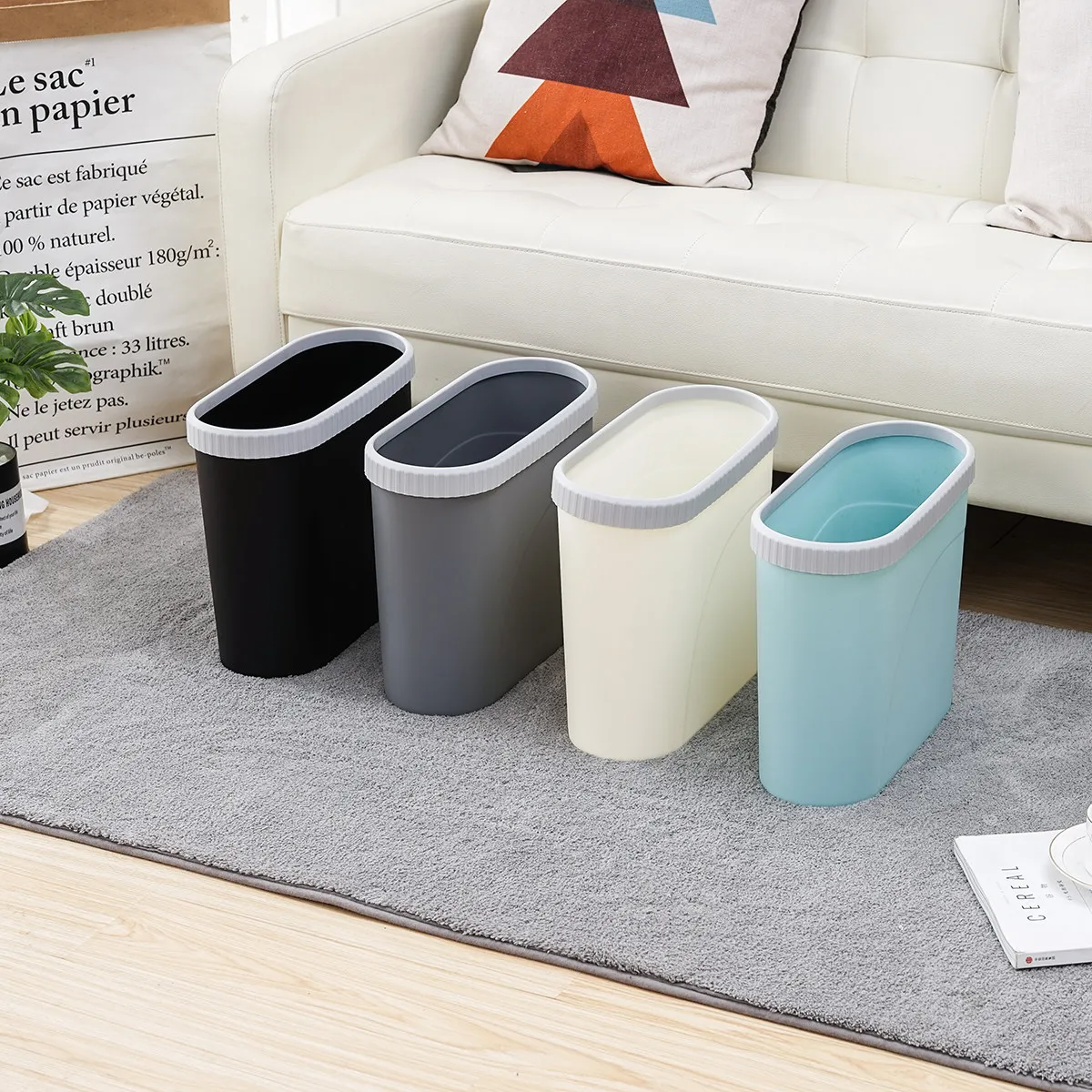 Anti Impact Garbage Can with Lid Modern Wastebasket for Daily Use Non Slip Wear Resistant Base Smooth Corner Design Sky Blue