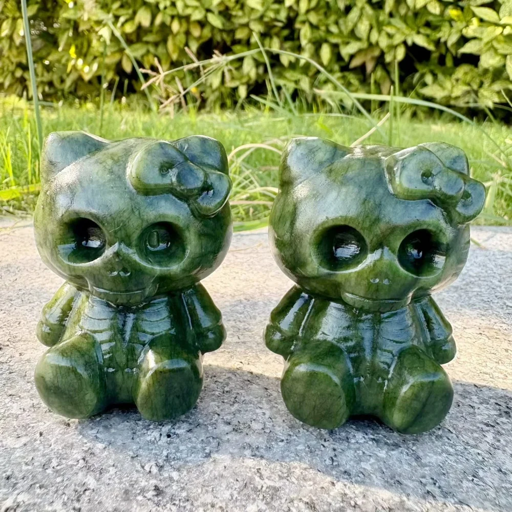 Natural Green Jade KT Cat Skull Crystal Carving Hand Polished Stone Figurine Kawaii Skull Statue Desktop Ornament Healing Gift