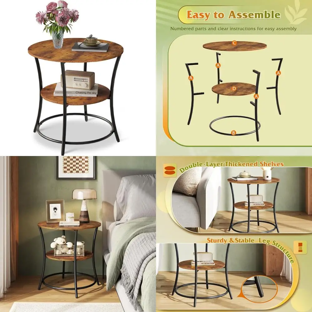 

Space-Saving Round Side Table with 2 Shelves, Steel Frame, Rustic Brown for Living Room, Bedroom, or Nightstand