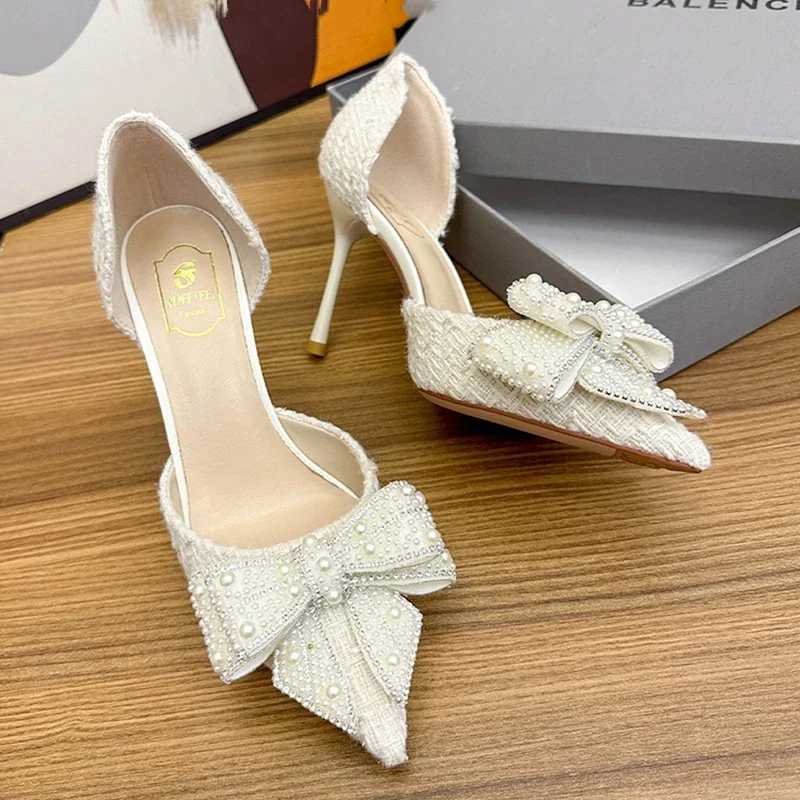 2024 Spring Brand Designer Women High Heels Luxury Pearl Crystal Bowtie White Wedding Shoes Summer Woman Thin Heeled Party Shoes