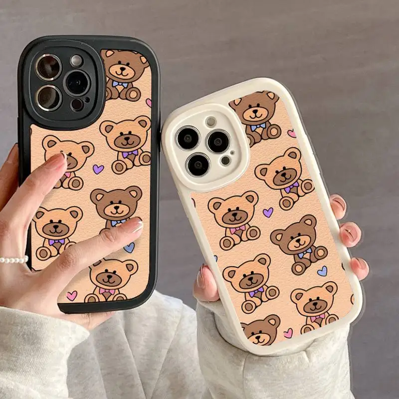 Teddy Bear Paste Brown Phone Case For IPhone 11 12 13 14 15 Plus Pro Max PU Leather Silicon Soft Cover