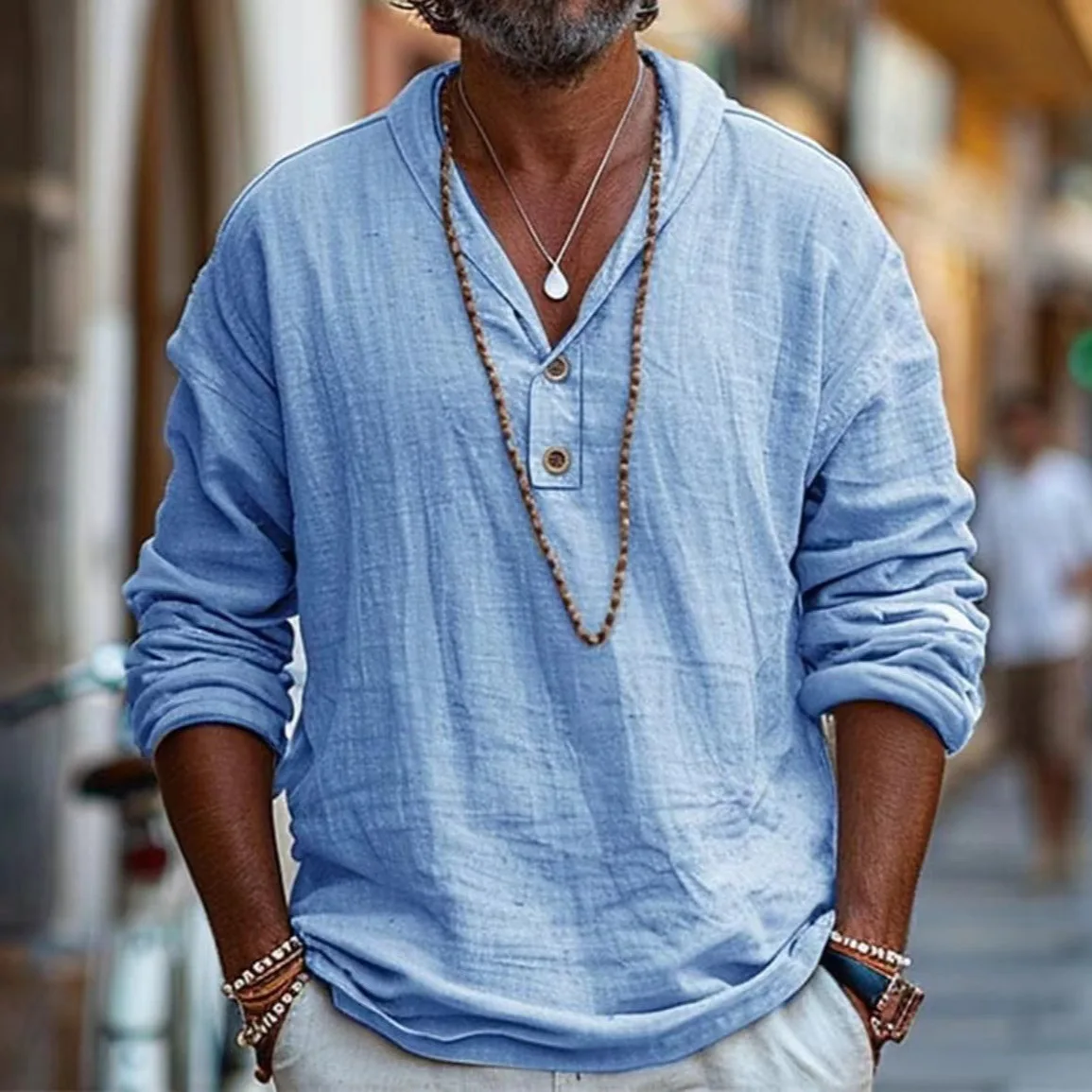 

2025 European and American New Men's Retro Cotton and Linen Casual Long-sleeved Shirt