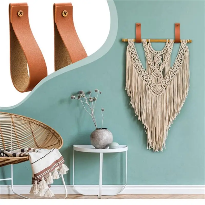 MLGB-8PCS PU Leather Wall Hooks Wall Hanging Strap Leather Curtain Rod Holder Pebbled Leather Straps Hanger Towel Hook