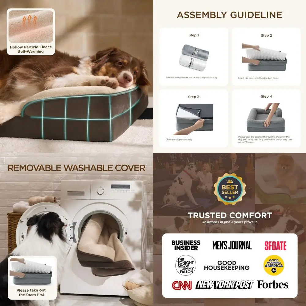 

Orthopedic XL Dog Bed - Waterproof, Washable, Non-Slip, Brown Pet Couch with Removable Cover