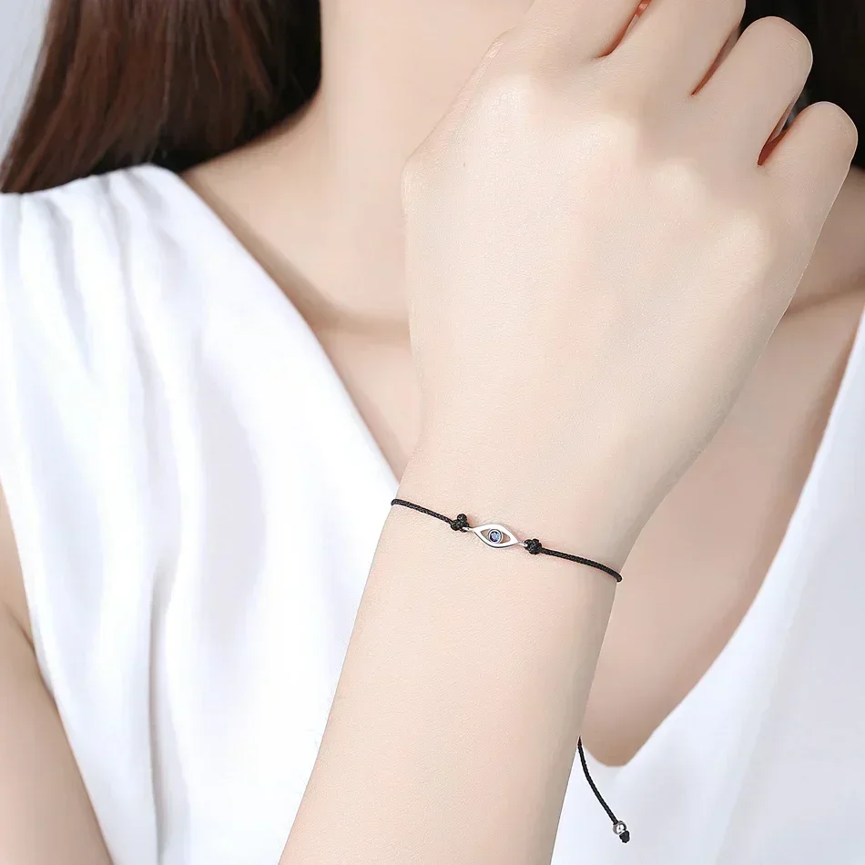 KALETINE Evil Eye Bracelet Pure 925 Sterling Silver Bracelets for Women Blue CZ Turkey Men Jewelry Black Adjustable Rope Chain