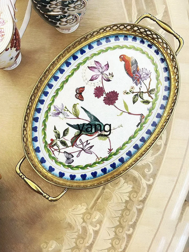 lmm1  Idyllic Decoration Copper Edge Porcelain Plate Oval Tray Fruit Plate