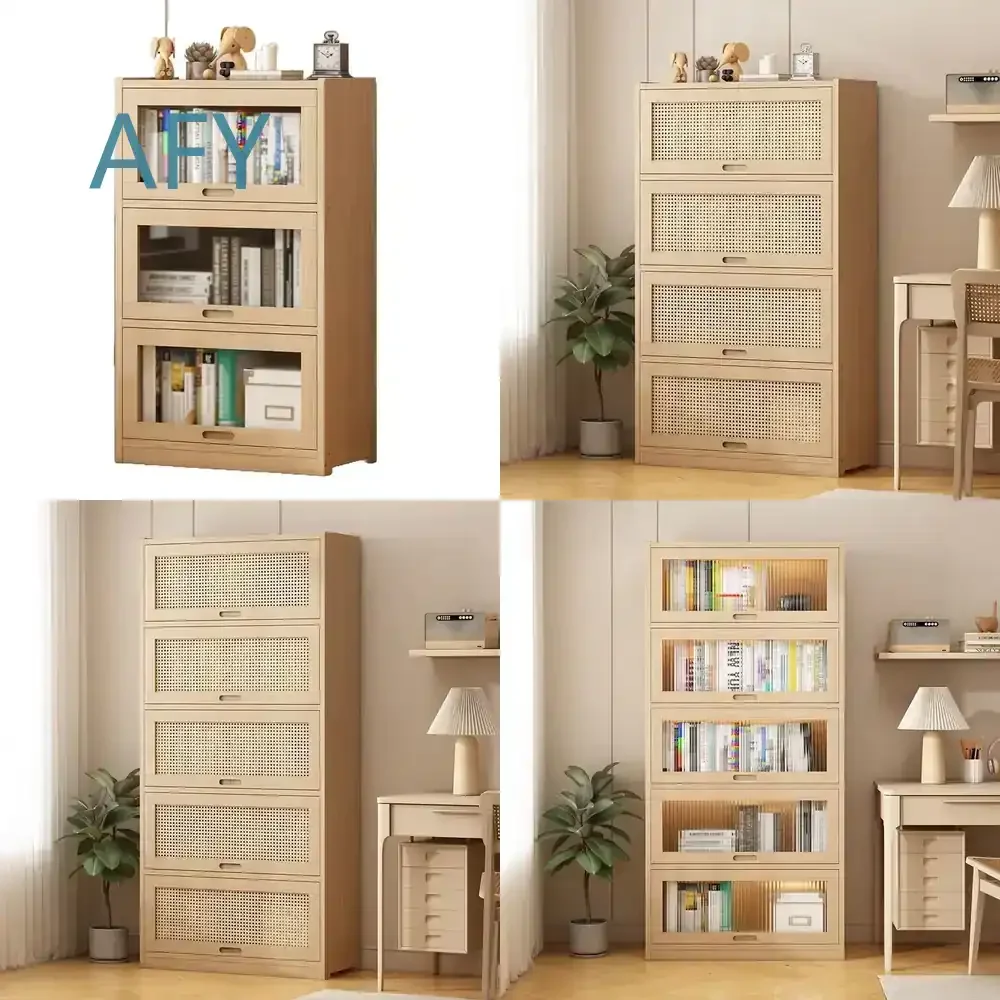 Solid Wood Bookshelf for Home Living Room Childrens Room Nordic Style Dust Proof Acrylic Shelf with Door Floor to Ceiling