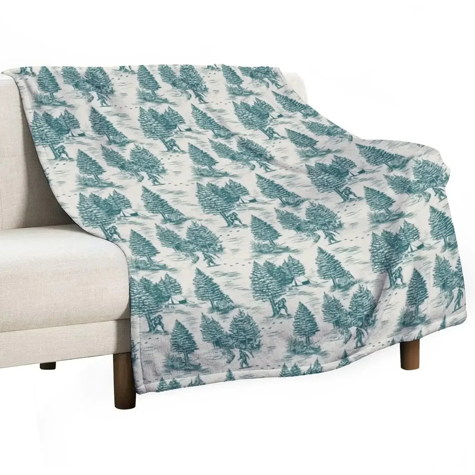 

Bigfoot / Sasquatch Toile de Jouy in Teal Throw Blanket Soft Vintage christmas gifts Blankets