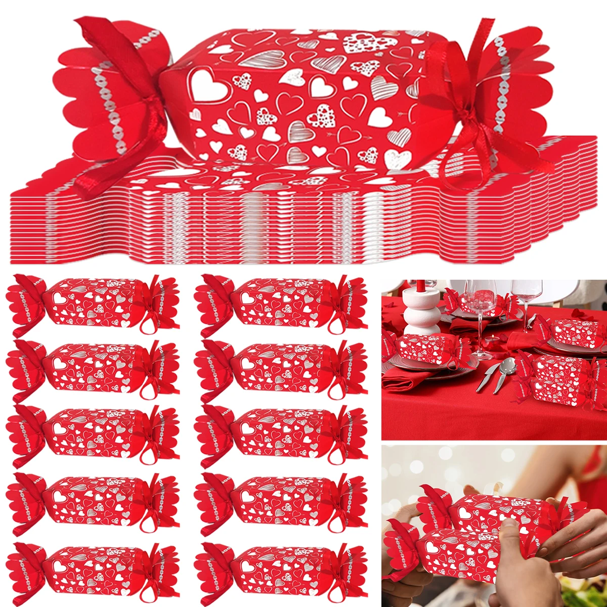 10/20Pcs Valentine's Day Cracker Kit Boxes with Ribbons Valentine DIY Hollow Candy Box Red Heart Wrapping Case for Wedding Party