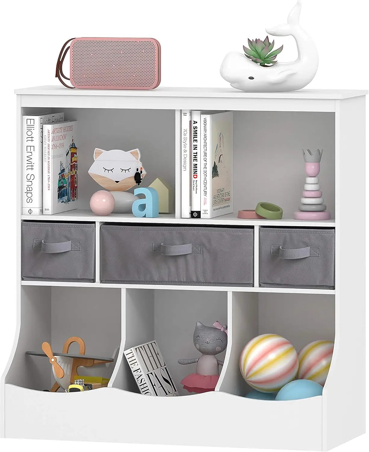 Toy Storage Organizer, 8 Cubbies Bookcase with 3 Baskets, White