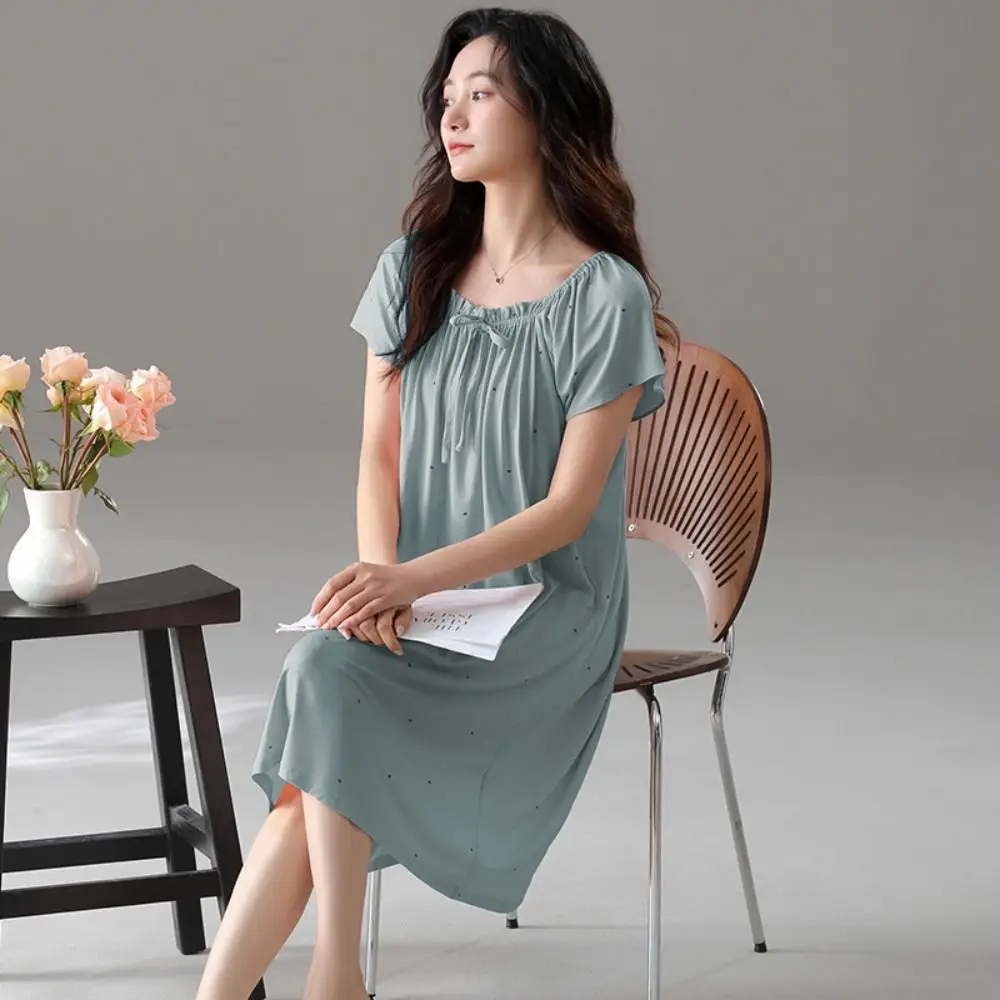 

Fashion Modal Women's Pajama Dress Short Sleeve Home Wear Dot Ruffle Nightdress Loose Sleepwear Lace Up Nightgown Home
