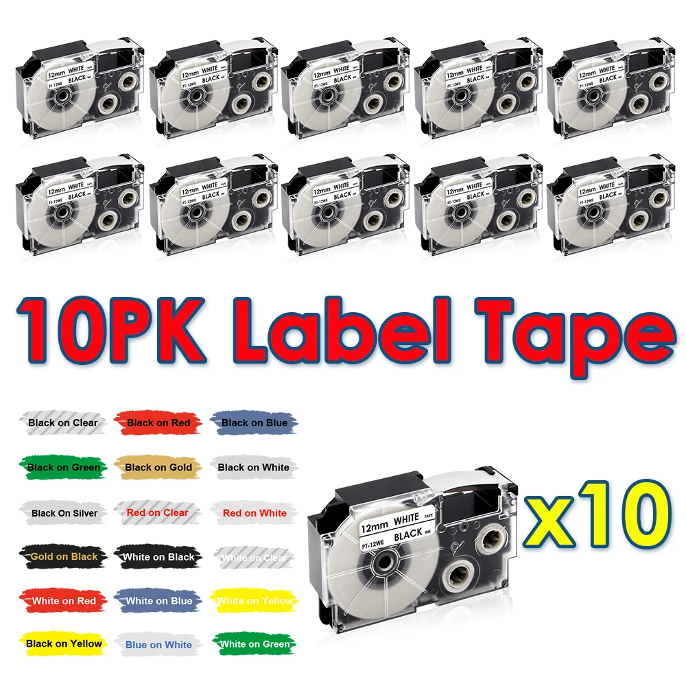 

10PK XR-12WE Labels For Casio XR12WE XR-12X XR-12RD XR-12BU XR-12YW Label Tape Compatible for Casio KL-60 KL-120 100 Label Maker