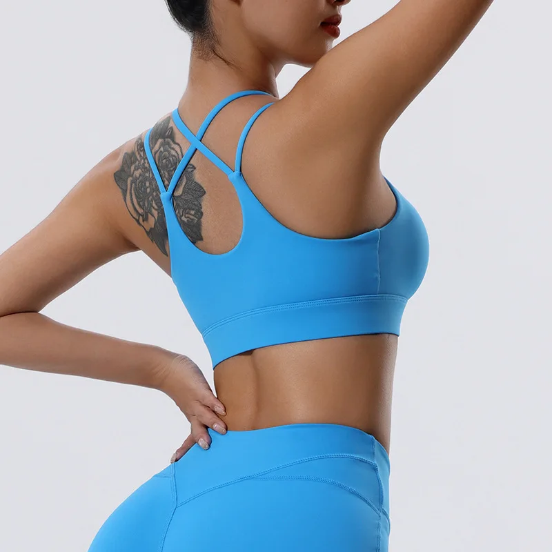 Women High Impact Fitness Bra Gathered Push Up Sports Underwear Sexy Back Gym Crop Top Breathable Quick Dry Workout Clothes