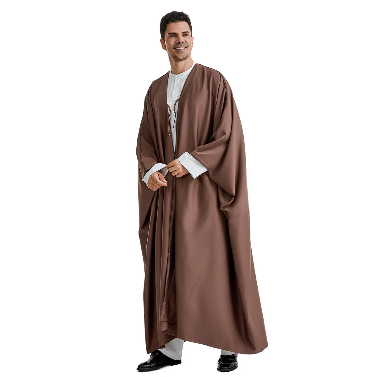 Jubah Cardigan Muslim Pria TH835 Lengan Panjang Warna Polos Panjang Se-mata Kaki Kaftan Islami Jubba Thobe