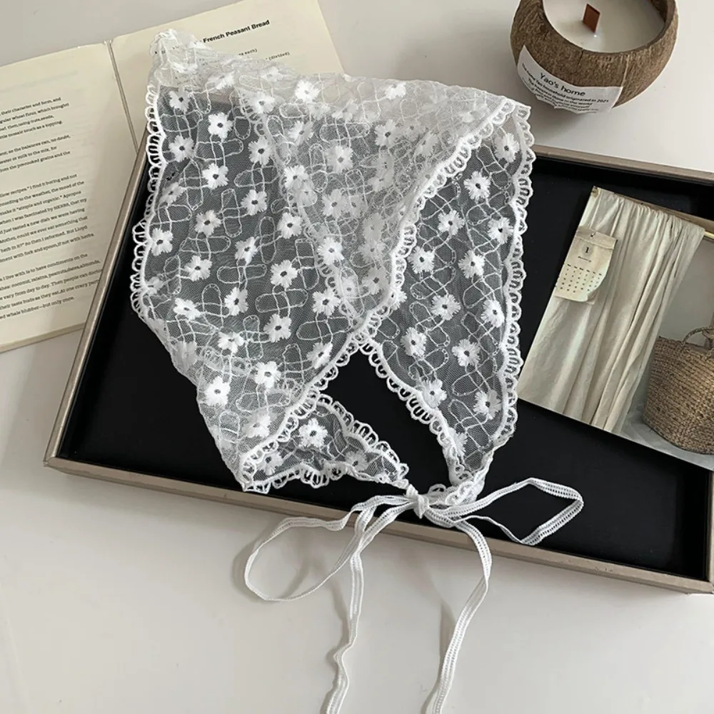 

White Woven Floral Lace Hair Scarf Wraps Women Retro Breathable Retro Lace Hair Accessories Sweet Print Hair Bandana